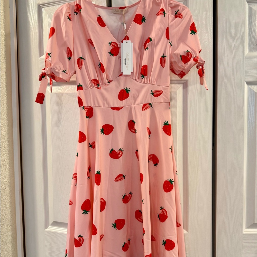 NWT Pink Strawberries V-Neck Midi Sundress